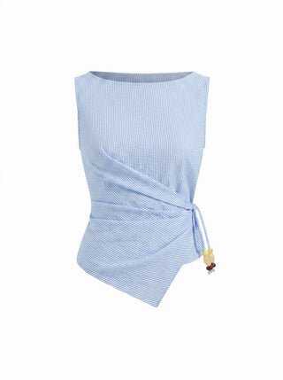 Woven Cotton-blend Boat Neck Wrap Top & Mid Rise Wide Leg Trousers Set For Daily Casual Coffee Shop