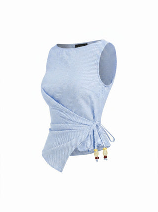 Woven Cotton-blend Boat Neck Wrap Top & Mid Rise Wide Leg Trousers Set For Daily Casual Coffee Shop