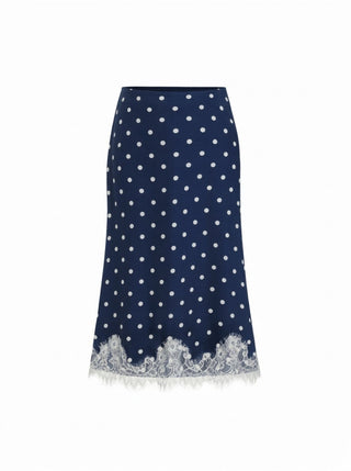 Satin Mid Rise Polka Dot Lace Trim A-line Midi Skirt