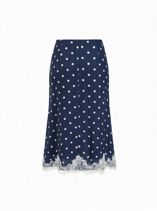 Satin Mid Rise Polka Dot Lace Trim A-line Midi Skirt