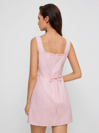 Cotton Textured Square Neck Lace Trim A-line Mini Dress