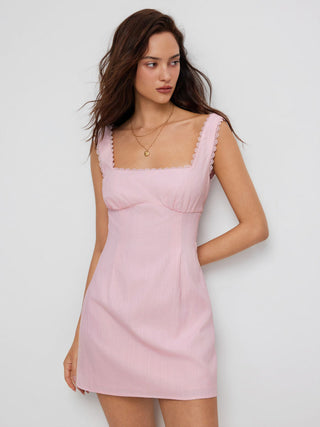 Cotton Textured Square Neck Lace Trim A-line Mini Dress