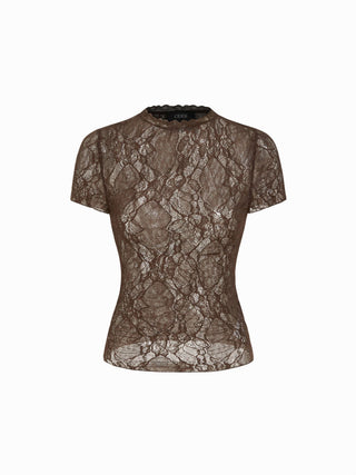 Lace Sheer Lettuce Trim Short Sleeve Tee