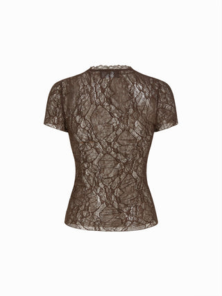 Lace Sheer Lettuce Trim Short Sleeve Tee