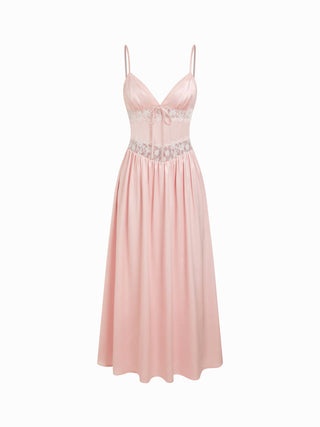 Satin Satin V-neck Lace Panel Mid Rise Maxi Slip Dress For Date Party/Clubbing