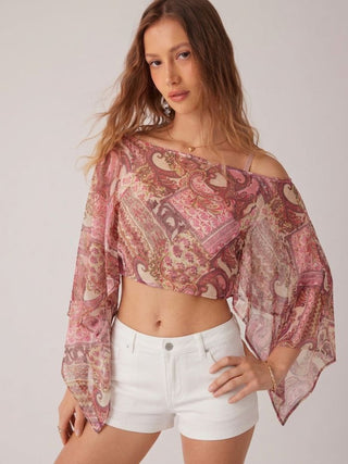 Chiffon Paisley Graphic Boat Neck Oversized Cape Top