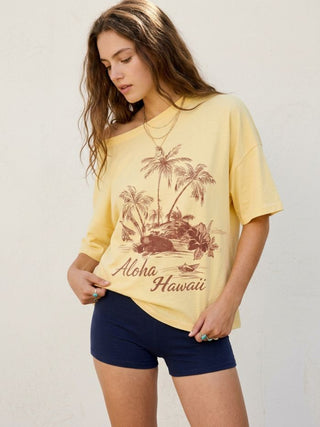 Cotton Asymmetrical Neck Short Sleeve Nature Graphic Tee