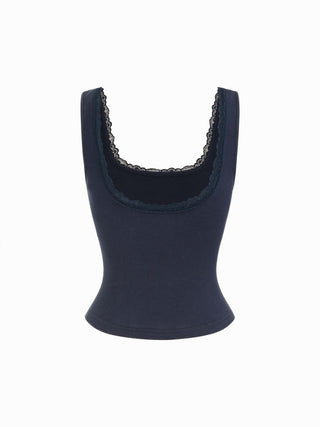 High Stretch Cotton-blend Scoop Neckline Lace Trim Tank Top