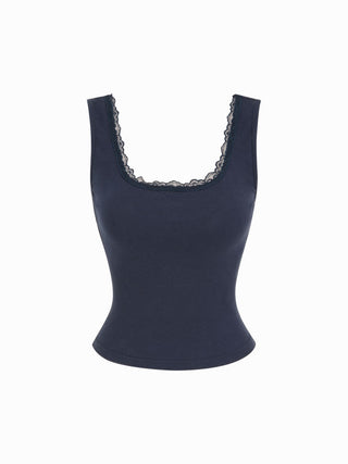 High Stretch Cotton-blend Scoop Neckline Lace Trim Tank Top