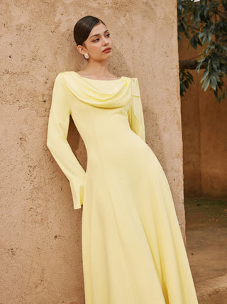 Boat Neck Bell Sleeve Draped Knotted Flared Maxi Dress
