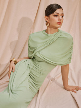 Mesh High Neckline Asymmetrical Ruched Cloak Sleeve Mermaid Maxi Dress