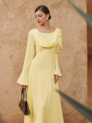 Boat Neck Bell Sleeve Draped Knotted Flared Maxi Dress