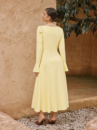 Boat Neck Bell Sleeve Draped Knotted Flared Maxi Dress