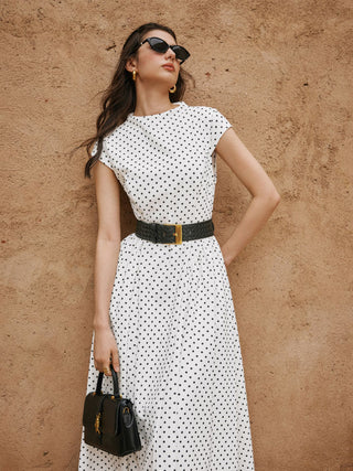 Sculptural Polka Dot Stand-Collar Flared Maxi Dress