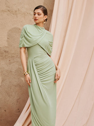 Mesh High Neckline Asymmetrical Ruched Cloak Sleeve Mermaid Maxi Dress