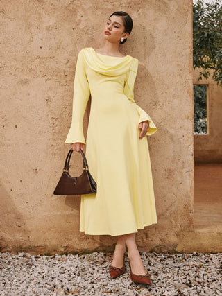 Boat Neck Bell Sleeve Draped Knotted Flared Maxi Dress