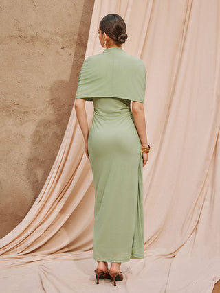 Mesh High Neckline Asymmetrical Ruched Cloak Sleeve Mermaid Maxi Dress