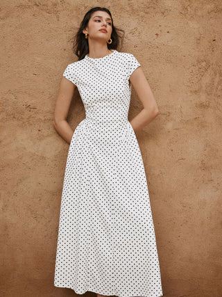 Sculptural Polka Dot Stand-Collar Flared Maxi Dress