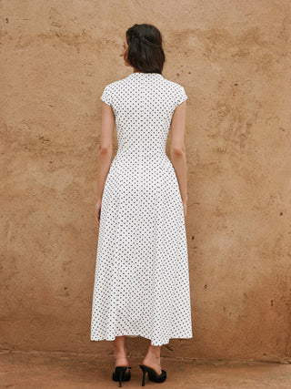 Sculptural Polka Dot Stand-Collar Flared Maxi Dress