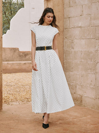 Sculptural Polka Dot Stand-Collar Flared Maxi Dress