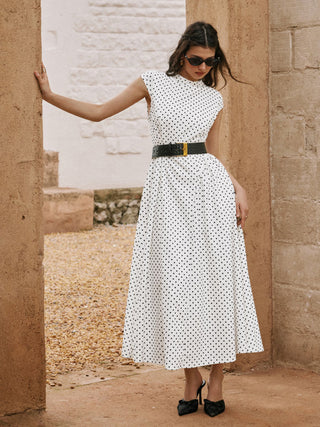 Sculptural Polka Dot Stand-Collar Flared Maxi Dress