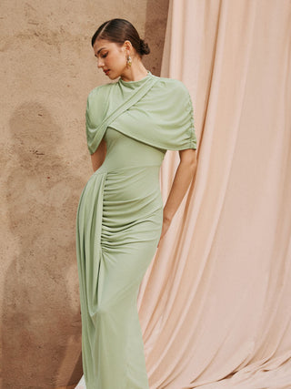 Mesh High Neckline Asymmetrical Ruched Cloak Sleeve Mermaid Maxi Dress
