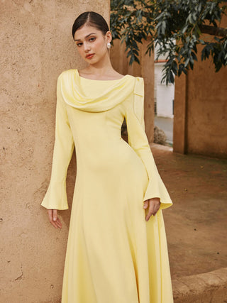 Boat Neck Bell Sleeve Draped Knotted Flared Maxi Dress