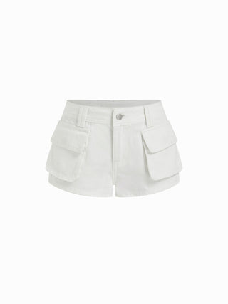 Denim Low Rise Washed Metal Detail Cargo Shorts