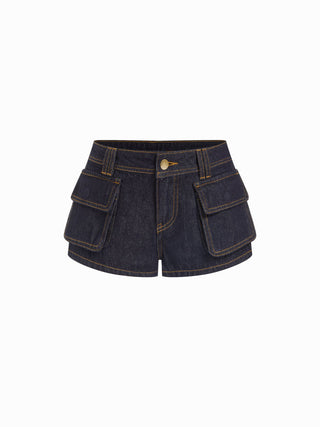 Denim Low Rise Washed Metal Detail Cargo Shorts