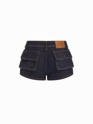 Denim Low Rise Washed Metal Detail Cargo Shorts