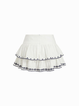 Cotton-blend Mid Rise Embroidery Tiered Ruffle Mini Skirt