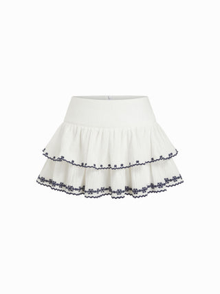 Cotton-blend Mid Rise Embroidery Tiered Ruffle Mini Skirt