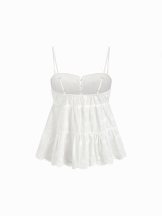 Cotton-blend Lace Trim Embroidery Ruffle Hem Cami Top