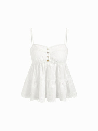 Cotton-blend Lace Trim Embroidery Ruffle Hem Cami Top