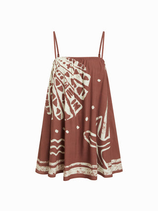 Linen-blend Starfish & Shell Graphic Oversized Smock Mini Dress