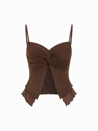 V-neck Double Layered Twist Lettuce Trim Cami Top