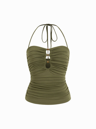 Halter Neckline Ruched Cut Out Drawstring Slim Fit Cami Top