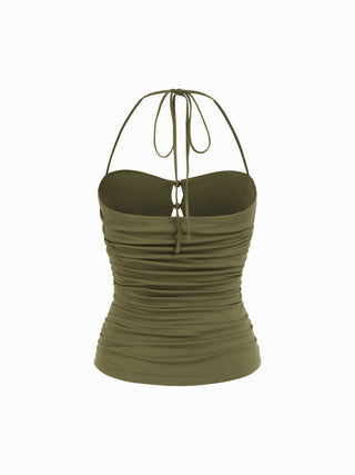 Halter Neckline Ruched Cut Out Drawstring Slim Fit Cami Top