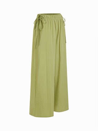 Cotton-blend Mid Rise Drawstring Wide Leg Trousers