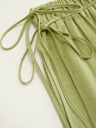 Cotton-blend Mid Rise Drawstring Wide Leg Trousers