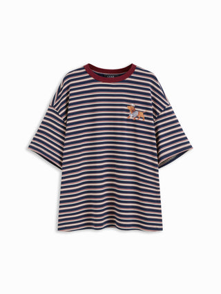 Stripe Dog Graphic Middle Sleeve Oversized Tee