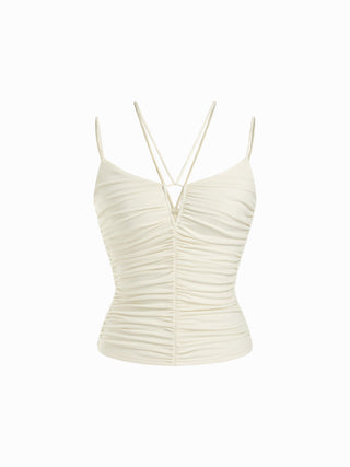 V-neck Criss Cross Ruched Drawstring Slim Cami Top