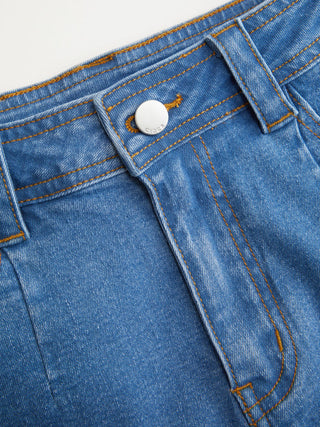 Stretch Denim High Rise Washed Metal Detail Shorts
