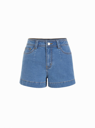 Stretch Denim High Rise Washed Metal Detail Shorts