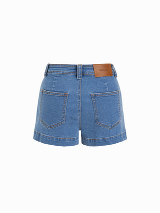 Stretch Denim High Rise Washed Metal Detail Shorts