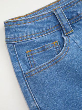 Stretch Denim High Rise Washed Metal Detail Shorts