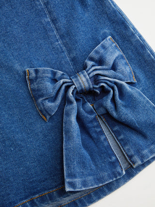 Stretch Denim Washed Low Rise Bowknot A-line Mini Skirt