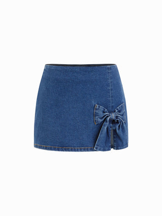 Stretch Denim Washed Low Rise Bowknot A-line Mini Skirt