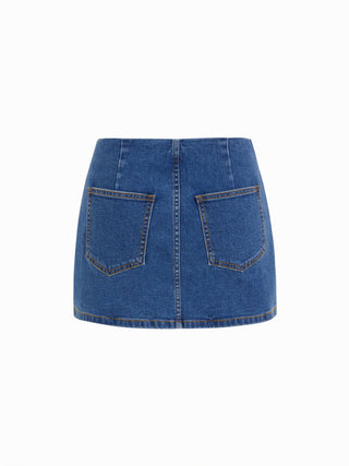Stretch Denim Washed Low Rise Bowknot A-line Mini Skirt