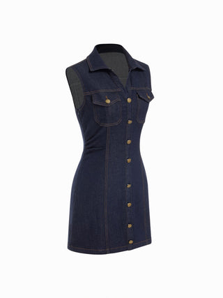 Denim Stretch Denim Washed Metal Detail Shirt Mini Dress For School Daily Casual